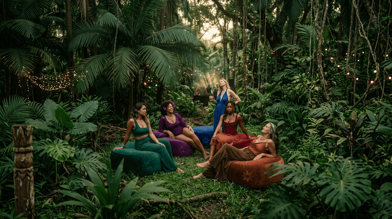 Comunidad de mujeres de pieles diversas en un atardecer cinematográfico