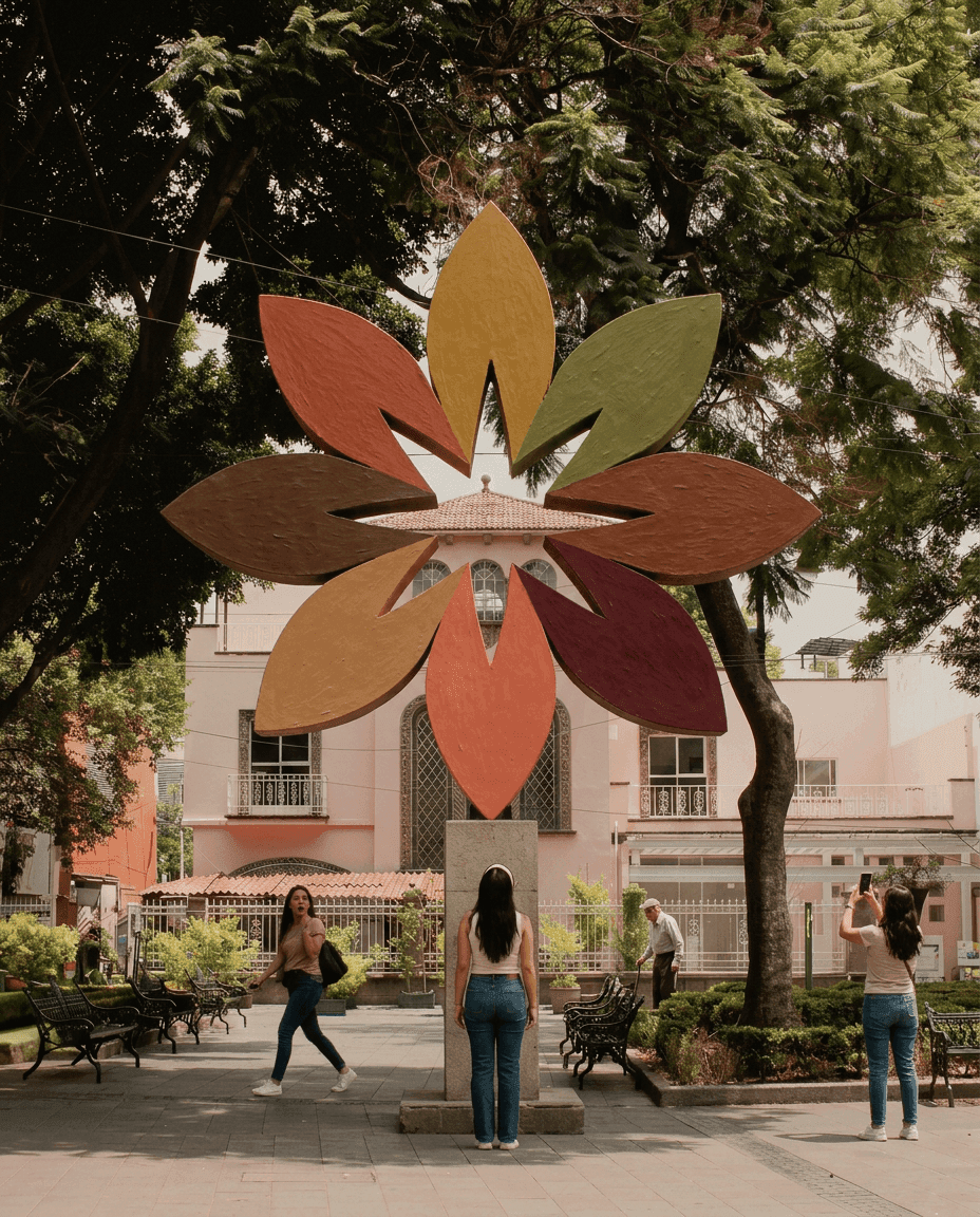 Instalación monumental de la flor de ocho pétalos de Diosa Interior en una plaza de Ciudad de México, cada pétalo en un color de paleta
