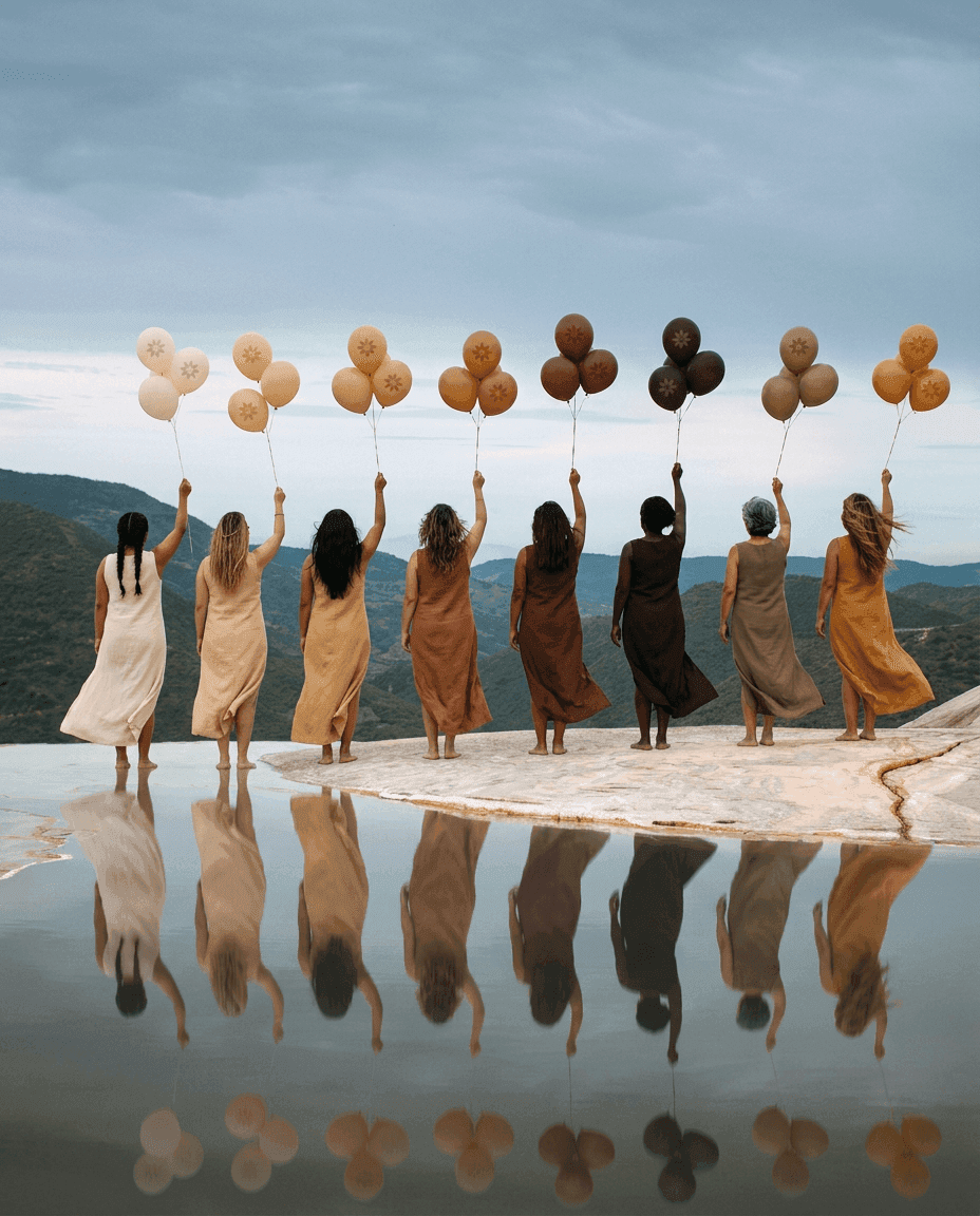 Mujeres de espaldas con globos de colores tierra reflejándose en el agua de Hierve el Agua. Representa la diversidad de pieles que Diosa Interior calibra.